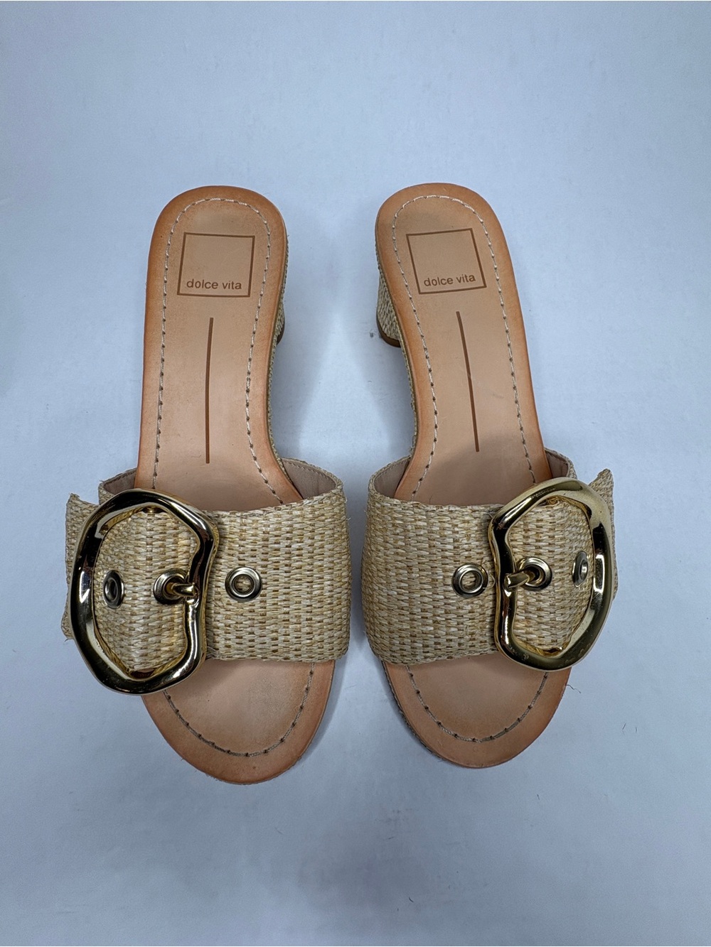 Dolce Vita Natural Woven Slide Sandals with Gold Buckles